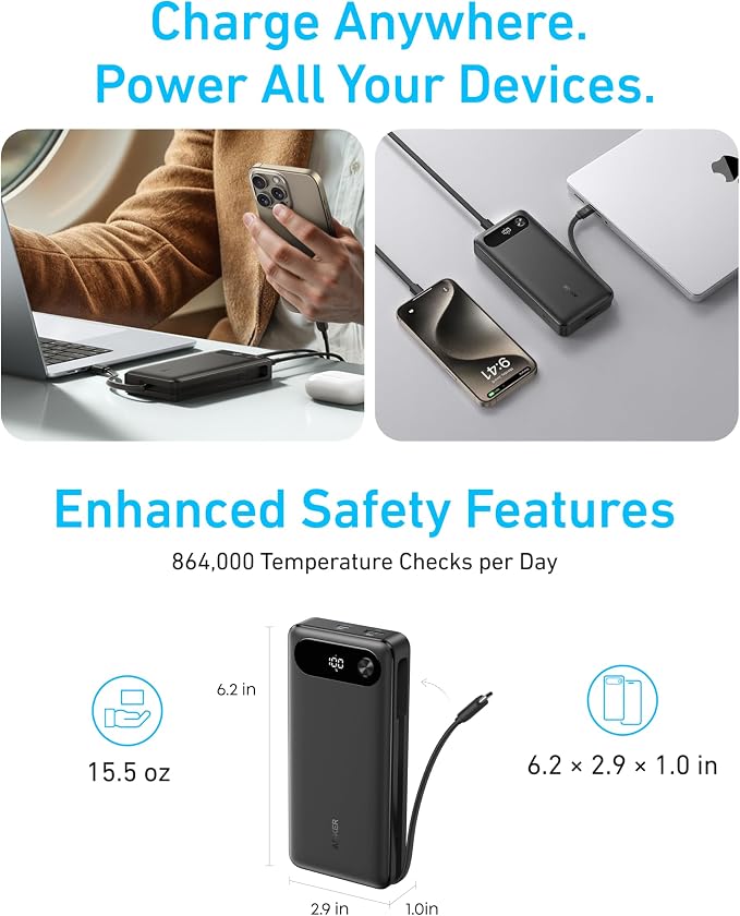 Anker Power Bank, 20,000mAh Travel Essential, Built-in USB-C Cable(Black) | 1 USB-C and 1 USB-A port, for MacBook Pro/Air, iPhone 17/16/15/14, Samsung, Switch and more - Image 6