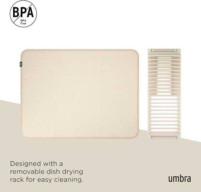 Umbra Udry Dish Drying Rack with Mat, Folds Flat for Storage, Linen | Protects countertop, BPA-free, recycled plastic construction - Image 6