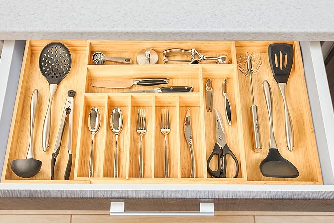 Extra Large Expandable Kitchen Siverware Utensils Drawer Organizer, 19" Deep for Big Drawer, Adjustable Bamboo Wood Drawer Divider with Curved Grooves, Cutlery Tray Flatware Holder - Image 6