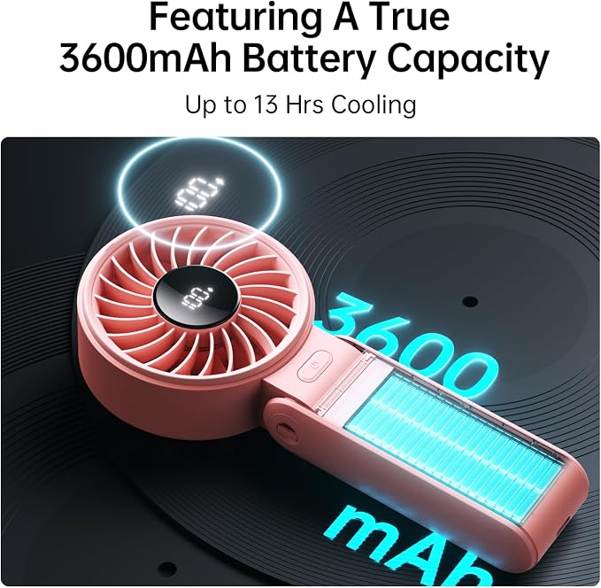 JISULIFE Handheld Fan Life7 – Ultimate Flexibility: Wide & Strong Airflow, 13H Max Cooling, 3600mAh Rechargeable, 5-Speed, LED Display, 3 IN 1 Portable Fan for Travel, Concerts, Sports Events(Pink) - Image 4