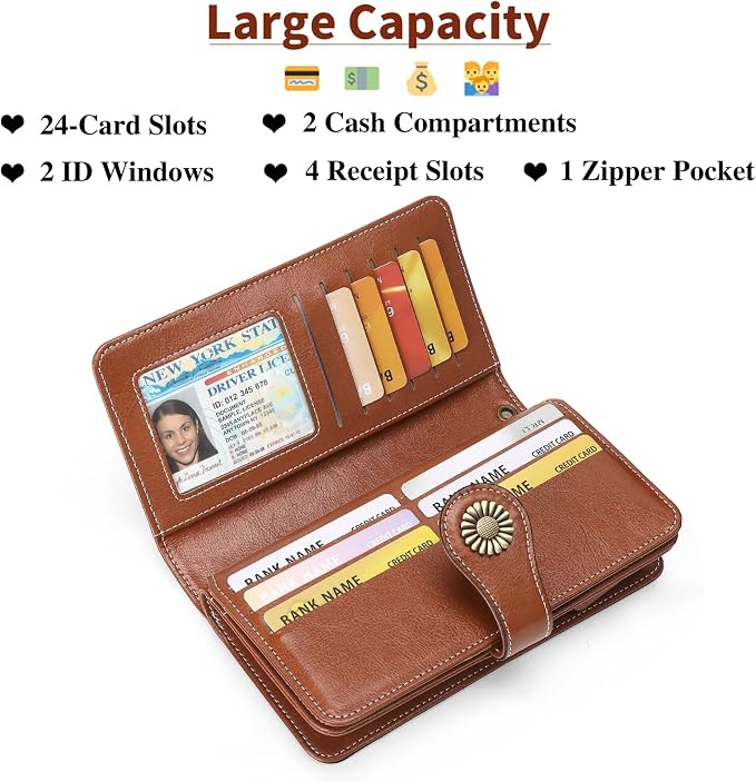 SENDEFN Wallets for Women Leather Credit Card Holder with RFID Blocking Large Capacity Wristlet | with RFID Blocking - Image 2