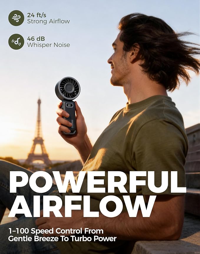 Diveblues Portable Turbo Fan, 100 Speed Handheld Fan with Strong Airflow, Foldable 4 in 1 Personal Fan for Neck, Desk & Travel, USB-C Rechargeable, Lightweight for Summer, Concerts & Outdoor Use - Image 2