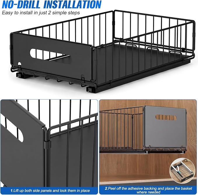 Pull Out Cabinet Organizer, No Drill Slide Out Drawer 2 Pack Black | Heavy Duty Carbon Steel Wire Basket, Adhesive Install, Foldable, 9.44 x 7.08 in, Kitchen Under Sink Pantry Bathroom - Image 4