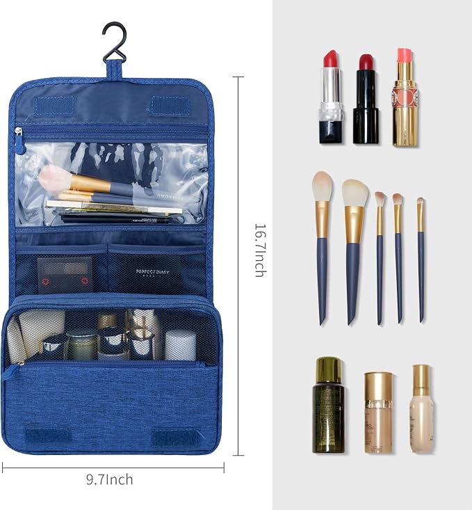 Lcsmaokin Large Capacity Toiletry Bag Travel Bag with Hanging Hook for Men and Women Waterproof Travel Cosmetic Bag Bathroom Storage Bag for Brushes Set, Full-Sized Shampoo, Toiletries, (Navy Blue) - Image 4