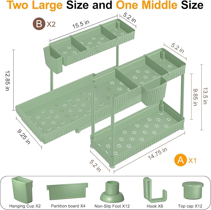 3-Pack 2-Tier L-Shaped Under Sink Organizers with Sliding Drawers | Multi-use kitchen & bathroom storage, 12.85 inch green cabinet organizer, space-saving sliding drawer design. - Image 6