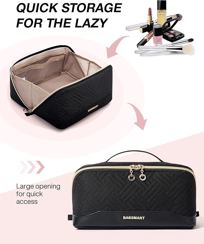 BAGSMART Makeup Bag Cosmetic Bag, Travel Makeup Bag,Water-resistent Makeup Bags for Women Portable Pouch Open Flat Make Up Organizer Bag for Toiletries, Brushes Black - Image 2