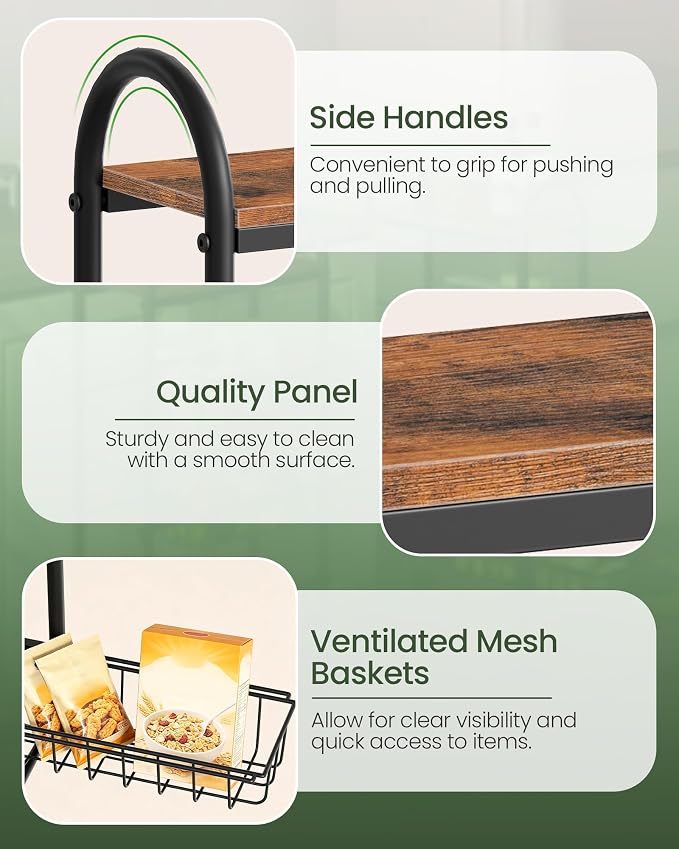 Slim Storage Cart, Storage Shelf on Wheels, Storage Rack with Pull-Out Baskets, Movable Cart with Handles, for Kitchen, Laundry Room, Living Room, Black and Rustic Brown TTC05BF - Image 6