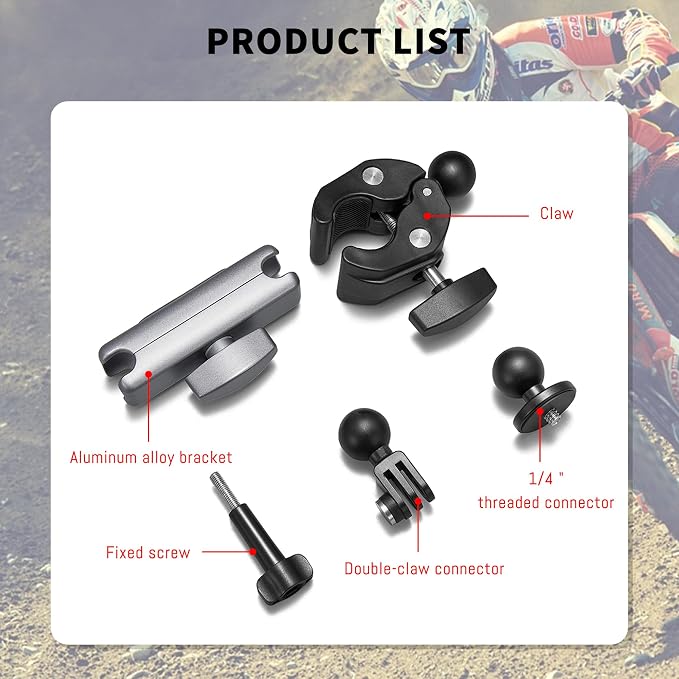 Clamp Camera Mount, Bike/Bicycle/Motorcycle Handlebar Mount for DJI camera | Action 6/5 Pro/4 3/Osmo Nano/Hero 13 12 11 10 9 8 7/Insta 360 X4 X5, with 360° Dual Ball Head, 1/4" Thread Interface Arm - Image 5