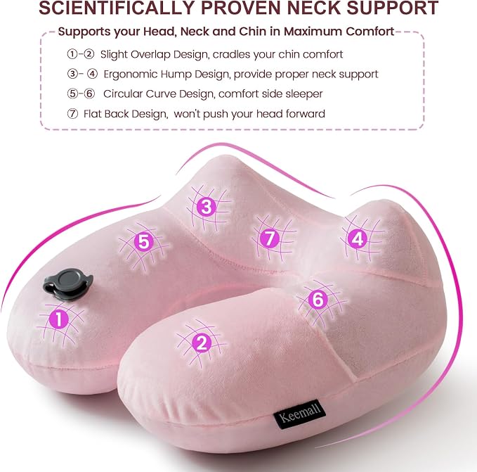Keemall Inflatable Travel Neck & Shoulder Pillow for Airplanes&Long Trips | Soft Luxury Velvet Neck Support with Washable Cover, for Flights, Camping & Office, Great Travel Gift for Women & Girls, Pink - Image 7