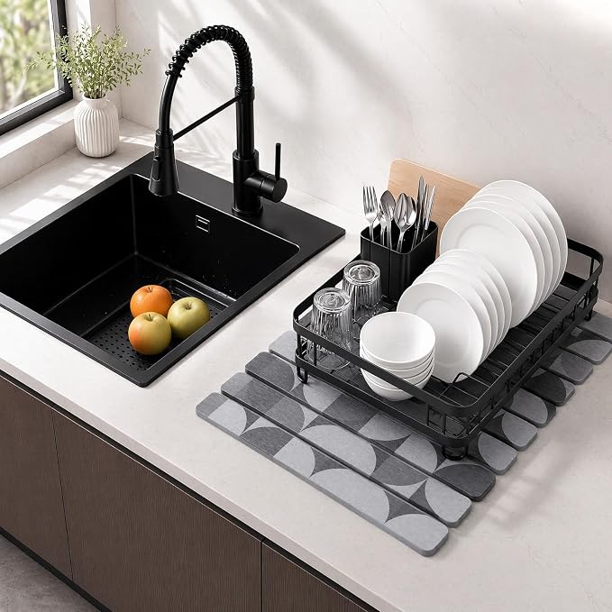 Large Stone Dish Drying Mat for Kitchen Counter, Quick Dry Diatomaceous Earth Dish Drying Pad, Foldable Water Absorbing Organizer Pad for Plates Bottles Utensils (Dark Gray Geometric 24"×16" & 8"×4") - Image 2
