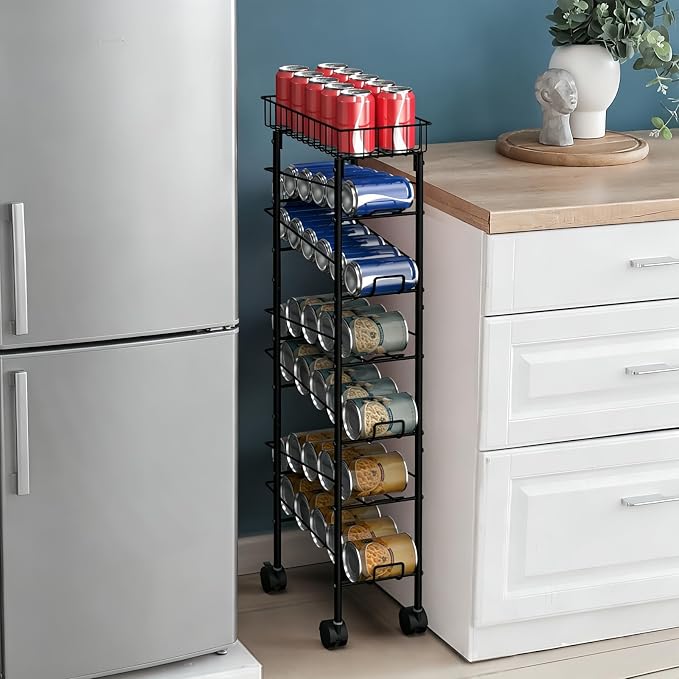 MOOACE Slim Soda Can Organizer Rack, Canned Food Organizer with Wheels | Cans Dispenser Shelf, Rolling Kitchen Storage Carts, Beverage Soup Cans Drink Holder for Pantry Narrow Space, Black by MOOACE