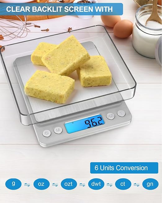 AMIR Digital Kitchen Scale, 3000g 0.01oz/ 0.1g Pocket Coffee Scale, Mini Food Scale, Pro Electronic Jewelry Scale with Back-Lit LCD Display, Tare & PCS Functions, Stainless Steel, Batteries Included - Image 3