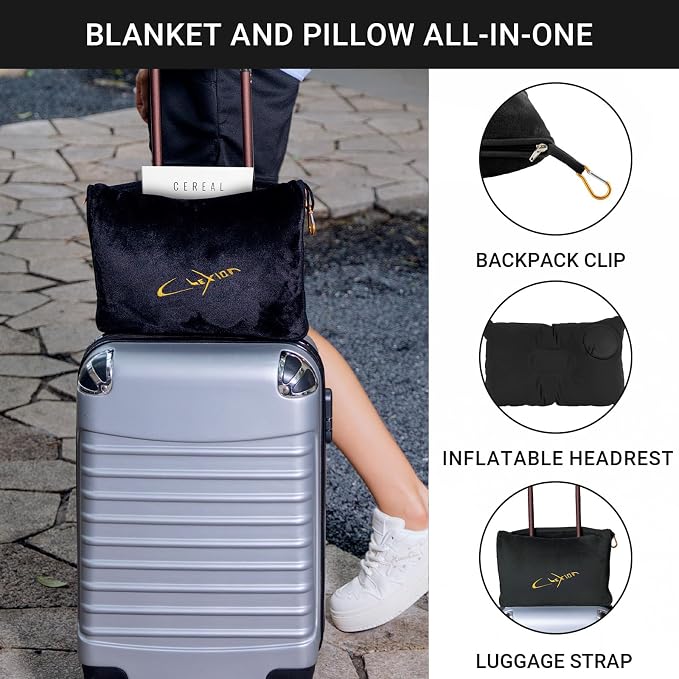Airplane Travel Blanket with Pillow,300 GSM Soft Fleece Compact Blanket with Carry Bag,Lightweight Travel Blanket for Flights,Black - Image 2