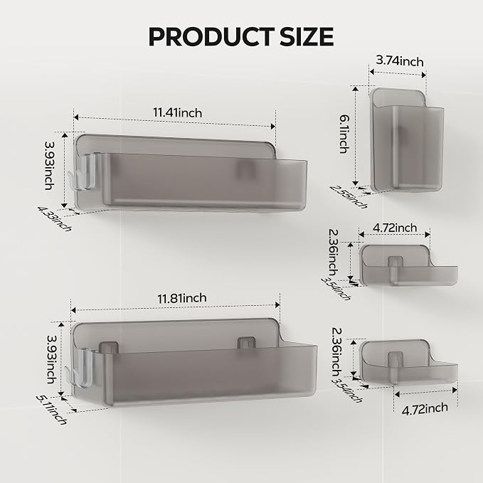 Nieifi Adhesive Shower Shelves, Gray, 5 Pieces | Rustproof ABS, Large Capacity, Removable Design, Easy-Clean, No Drilling Shower Organizer for Bathroom Storage & Home Decor - Image 2