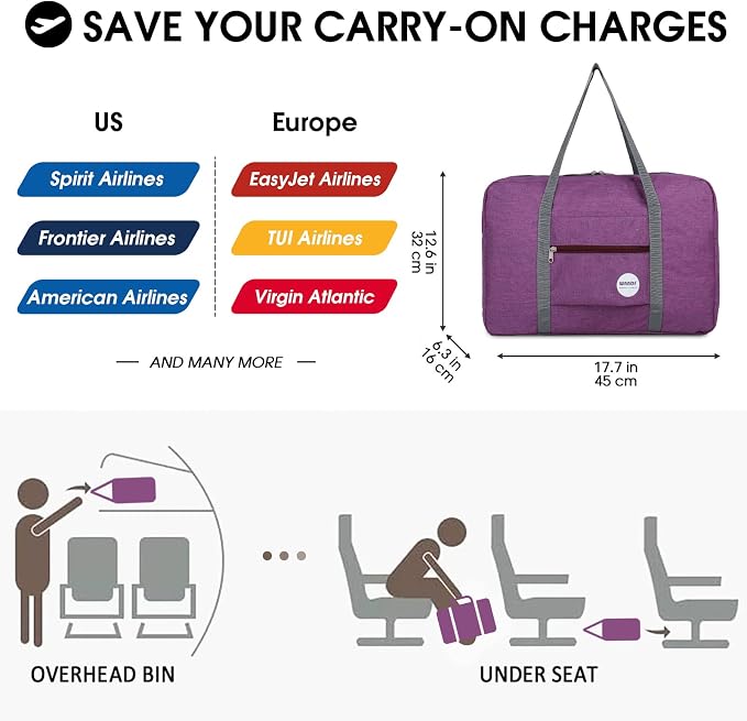 WANDF Personal Item Travel Bag, Carry On Duffle Bag Women | 18x14x8 inches, Airline Underseat Aprroved, Weekend Overnight Trips, Lightweight Packable - Image 2