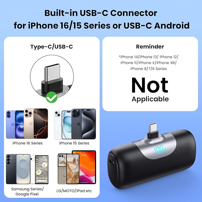 Mini Portable Charger USB C Power Bank,5500mAh PD Fast Charging Battery Pack Built-in USB-C Connector Travel Essential for iPhone17/17Pro/17Pro Max/Air/16 Plus/16Pro Max/15 Series,Android Black - Image 6
