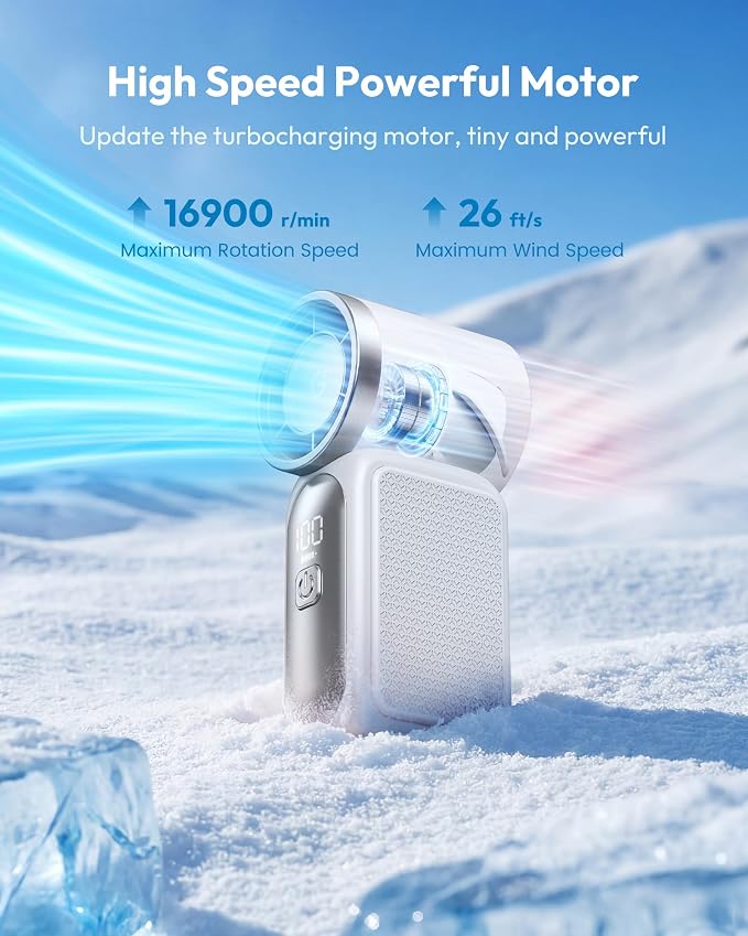 Gaiatop Portable Handheld Mini Fan, 6 Speeds 16900 RPM High Velocity Personal Fan with LED Display, USB Rechargeable, Mini Fan with Lanyard for Makeup, Travel, Outdoor Fan for Women Girl Gift, White - Image 4