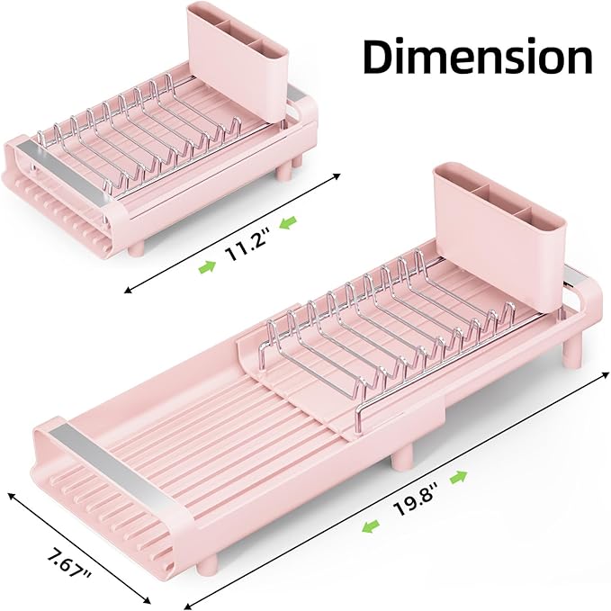 TOOLF Small Dish Drying Rack, Expandable and Space-Saving, Pink | Mini Dish racks for kitchen counter, Compact Design Fits Sink or Counter, Stainless Steel Plate Rack, 11"-19.3"L×7.7"W×3.54"H - Image 9