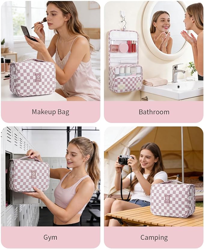 Narwey Small Hanging Travel Toiletry Bag for Traveling Women, Checkered Travel Bag for Toiletries, Makeup Bag Organizer Make Up Cosmetic Bags,Gifts for Kids Teen Girls (Dusty Pink Checkerboard) - Image 8