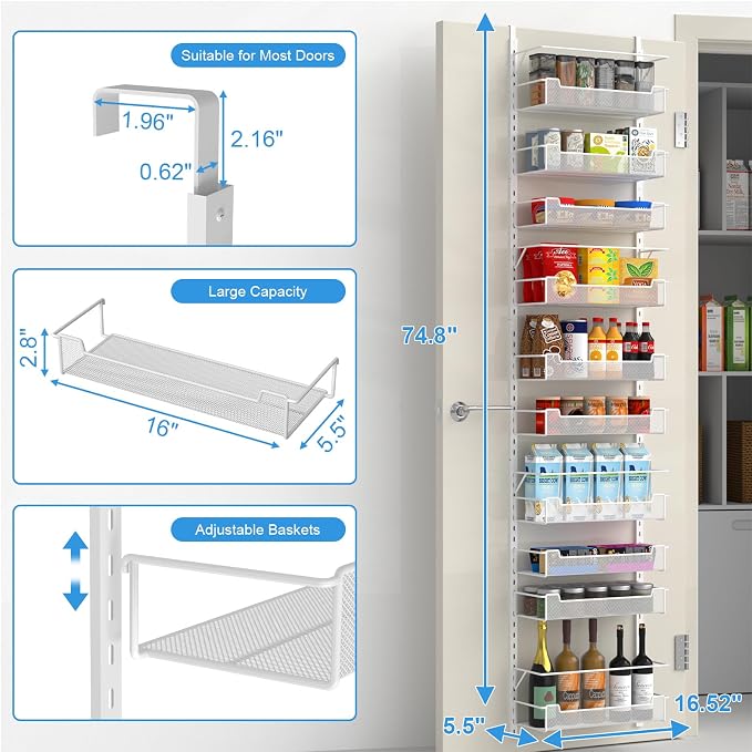 VyGrow Over the Door Pantry Organizer, 10-Tier Over the Door Organizer with Adjustable Basket, Pantry Door Organization for Pantry Kitchen Storage Room Spice Rack, White - Image 2