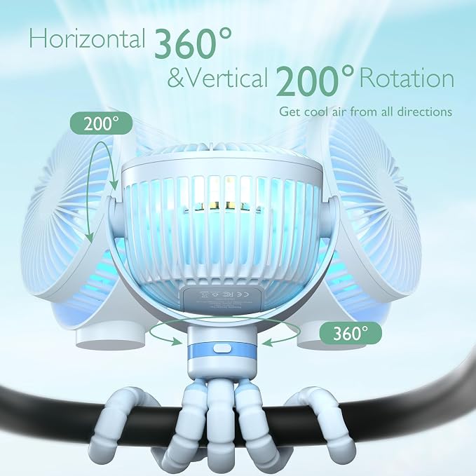 Momcozy 8000mAh Portable Stroller Fan, 27H Ultra-long Battery Life | Detachable 4 Speed 360°Rotate LED Night Light with 2 Modes, USB Rechargeable Handheld Cooling Fan for Travel/Car Seat/Bedroom - Image 7