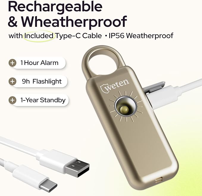 Personal Safety Alarm Keychain for Women, 130dB, LED Light, Gold Satin | USB-C Rechargeable, Bottom Speaker Siren, Wristlet and Carabiner Clip, Weatherproof, Low Battery Alert - Image 4