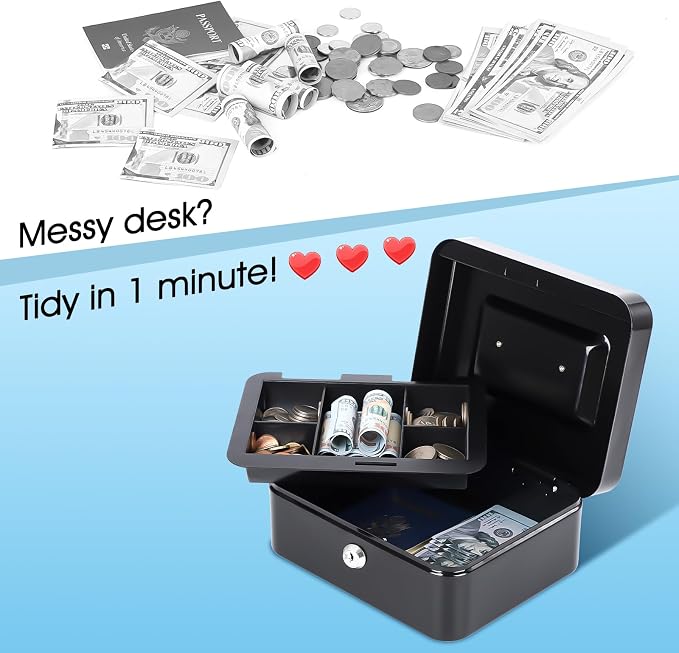 KYODOLED Metal Cash Box with Key Lock & Money Tray - Secure Safe for Home, Office & Events, Ideal for Cash, Meds & Small Items, 7.87" x 6.30" x 3.35", Black, 4 Pack - Image 5