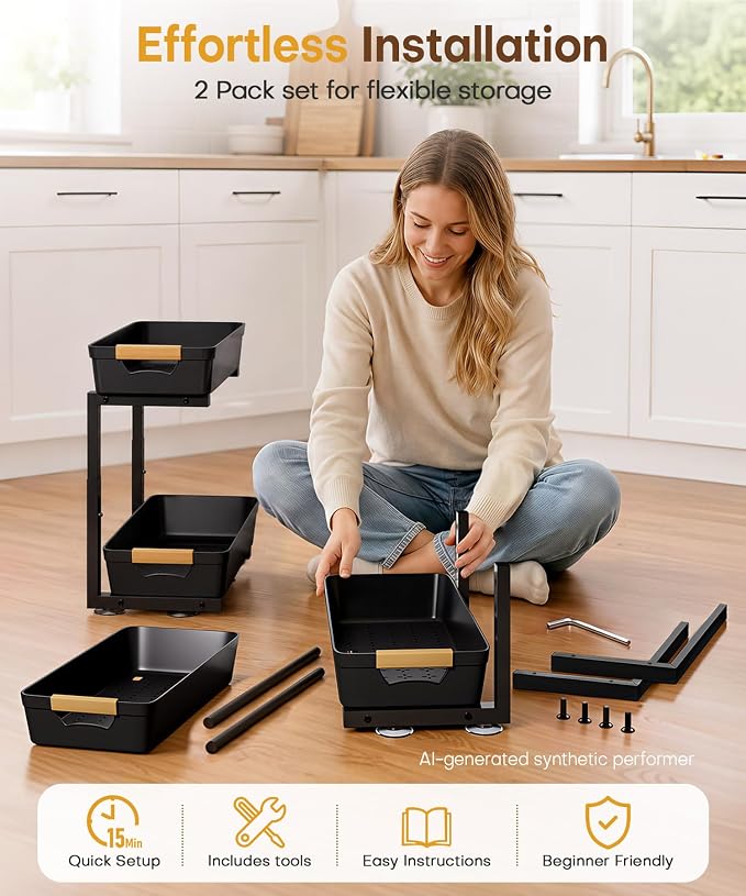 Homde Sliding Under Sink Organizer: 2-Pack Pull-Out Rack for Kitchen | 4 Easy-Access Baskets for Cluttered Cabinets - Busy Families Find Everything Instantly - Full-Extension Glide Design - Image 9