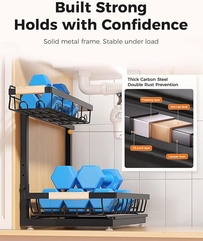 3-Pack 2-Tier Height Adjustable Under Sink Organizer, Black | Multi-purpose metal storage shelf with sliding shelves for kitchen, bathroom, pantry & laundry cabinet - Image 6