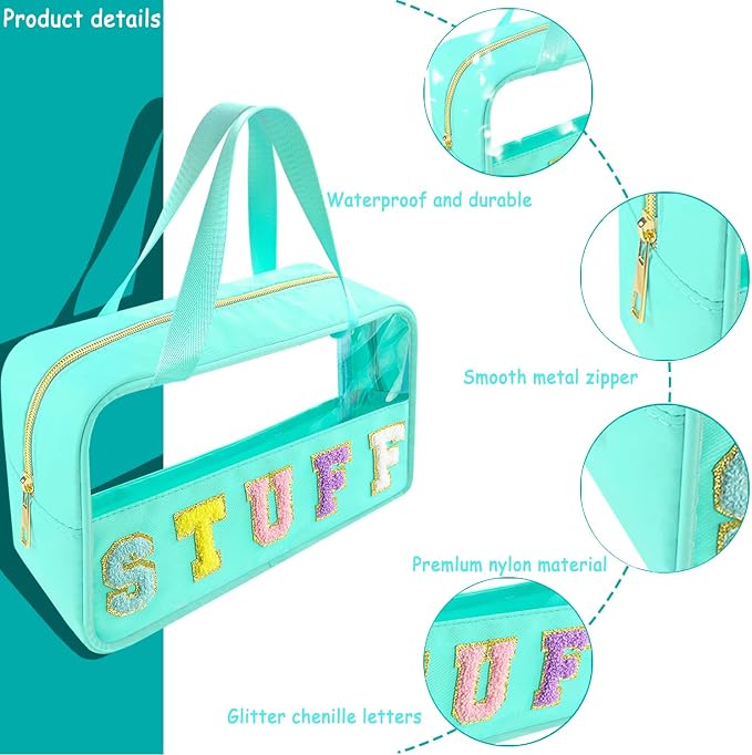 Chenille Letter Clear Makeup Bag Stuff Patch, Travel Toiletry Makeup Bag with Handle, Nylon Waterproof Makeup Bags clear cosmetic bag, preppy patch makeup bag for Women (STUFF-Mint Green) - Image 3