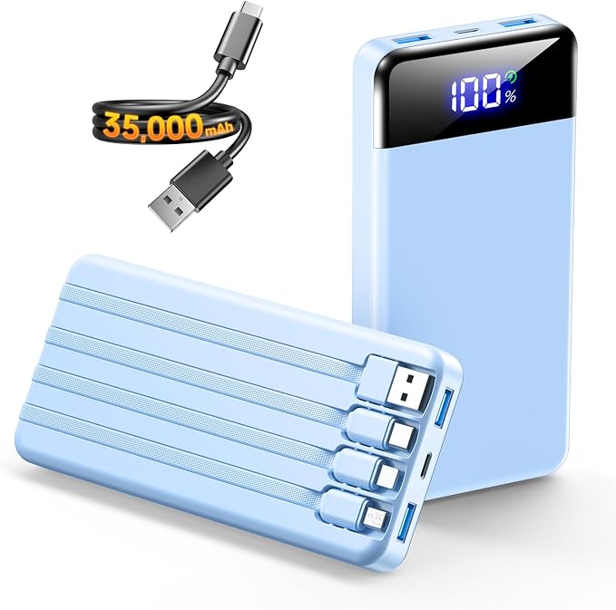 SABANI Portable Charger 35000mAh Power Bank, 4 Built in Cable Big Capacity | Ultra Slim, 22.5W Fast Charge, Travel Camping Essential, USB C External Battery Pack for iPhone Samsung Android, Azure by SABANI