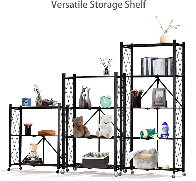 5 Tier Folding Shelf with Wheels,Metal Steel Collapsible Shelves | No Assembly Portable Shelves Organizer Rack,Rolling Standing Utility Rack for Kitchen, Pantry, Office, Black - Image 4