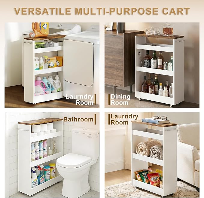TEAMIX Wood 4-Tier Slim Rolling Storage Cart, 7.9"W, 24.8"D, 36.7"H, White | Height Adjustable, 360°Swivel Wheels, Deeper & Taller, Use as Narrow Kitchen Cart, Laundry Organizer Between Washer & Dryer - Image 7