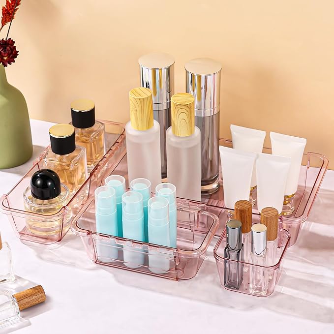 25 Pcs Clear Drawer Organizer, Adjustable Drawer Storage Box, 3-Size Desk Drawer Organizer, Acrylic Storage Bins for Makeup, Kitchen Utensils, Bedroom Dressers Tool Organizer for Gadgets, Pink - Image 6
