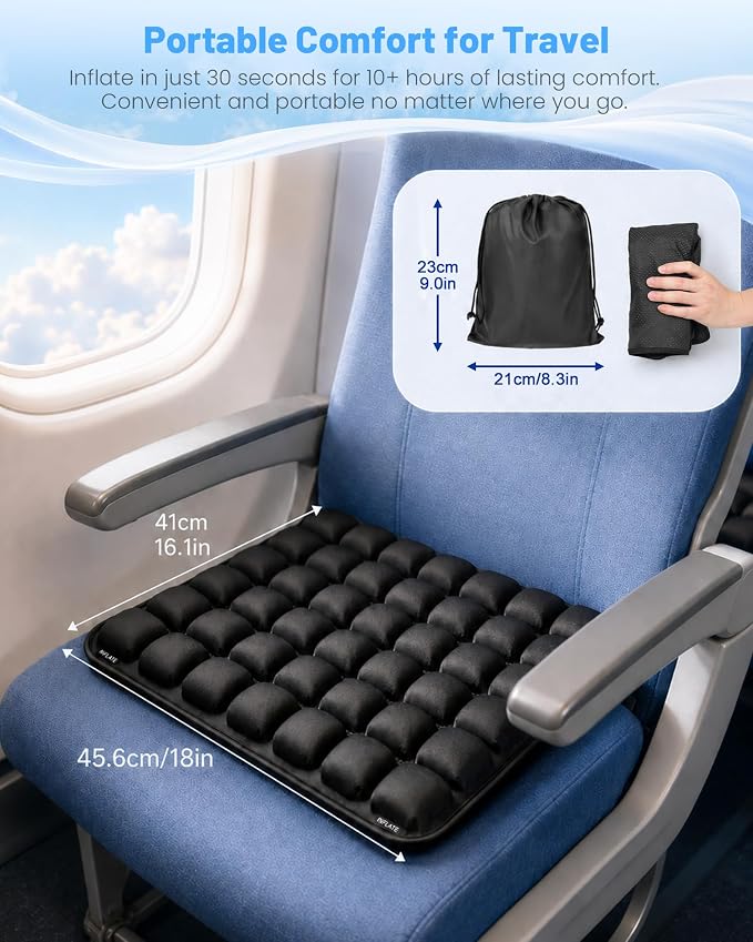 Travel Seat Cushion for Airplane, Press-Type Air Inflatable Cushion, Portable Ergonomic Comfort with Non-Skid Bottom for Long Flights, Office, Camping, Wheelchair, Travel, Driving - Image 4