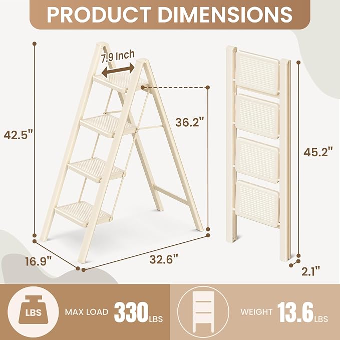 4 Step Ladder, Foldable Step Stool with Wide Anti-Slip Pedal | Portable, Sturdy Carbon Steel, 330LBS Capacity, Easy Storage, Space Saving, for Kitchen, Closet, Cream White - Image 7