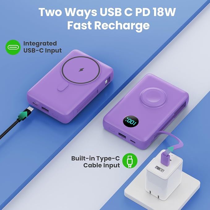 Magnetic Portable Charger 10800mAh with Built-in Cables,Wireless Power Bank for Magsafe,25W PD Fast Charging USB-C Travel Essentials Battery Pack for iPhone 17/16/15/14/13/12 Series,Apple Watch-Purple - Image 6