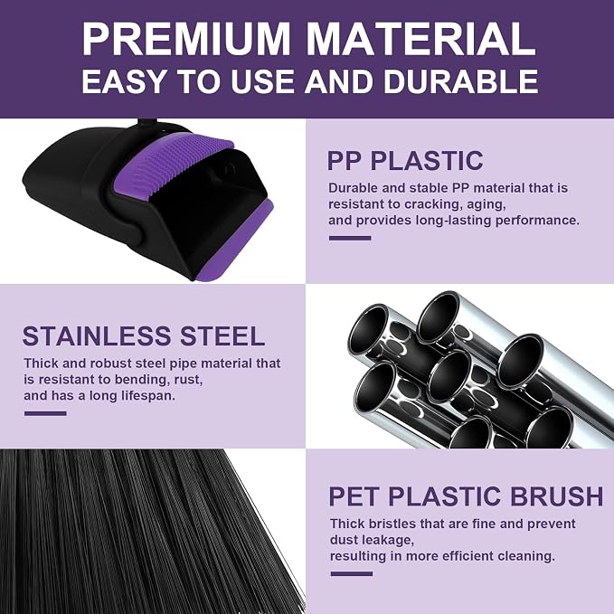 Broom with Dustpan Combo Set, 51" Household Dustpans and Broom, Standing Dust Pan Set for Home, Purple Cleaning Set for Kitchen Lobby Indoor Outdoor | Hands-Free Pet Hair Cleaning, Built-in Comb Dustpan, Space-Saving Storage, Multi-Surface Use for Home... - Image 5