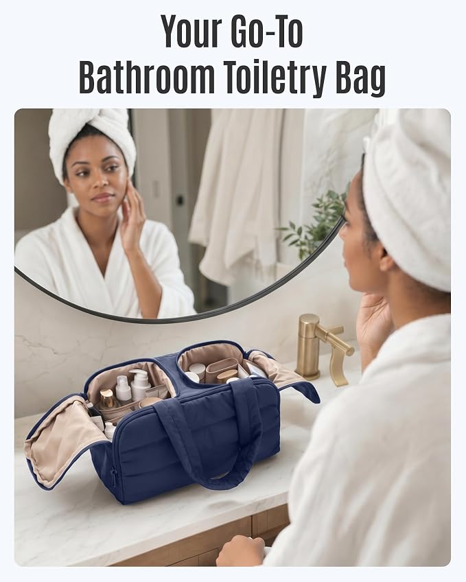 Travel Toiletry Bag, Quilted Travel Makeup Cosmetic Bag Organizer, Toiletry Bags for Traveling Women, Make up Bag with Handle, Navy Blue - Image 7