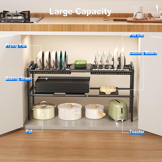 Mustorn Pots and Pans Organizer Under Cabinet, Expandable 2 Tier Under Sink Organizers and Storage Adjustable Height Kitchen Pot and Pan Lid Holder Rack with 12 Dividers Under Cabinet Shelf(Black) - Image 3