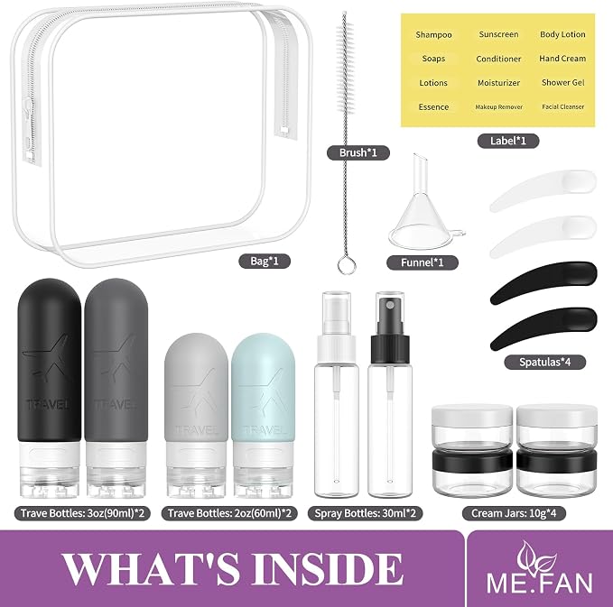 ME.FAN 18 Pack Travel Bottles for Toiletries, TSA Approved, Grey | Travel Size Containers Set, Silicone Squeezable Portable Split Bottle, Travel Accessories for Conditioner, Shampoo, Lotion - Image 2