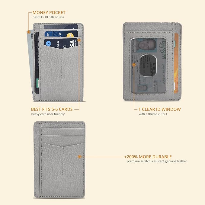 Slim Minimalist Leather Wallet RFID Front Pocket Card Holder, Grey - Image 2