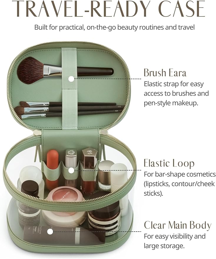 Travel Makeup Case Clear Vanity Bag with Brush Holder, Compact Leather Train Case Sage Green Make Up Bag Storage Organizer Luxury Cosmetic Case Travel Essentials Cute Portable with Handle - Image 3
