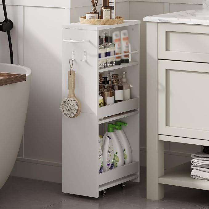 ChooChoo 4-Tier Bathroom Storage Cart, 7.87 inches Wide Narrow Storage Cabinet with 360° Wheels and 2 Hooks, Laundry Room Storage Organizer for Kitchen, Narrow Places, Living Room, White by ChooChoo