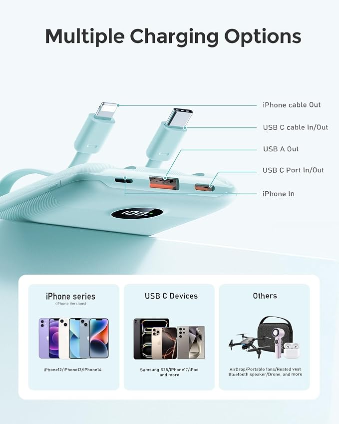 Mini Portable Charger with Built-in Cables 20W Fast Charging Power Bank USB-C Small Battery Pack 10000mAh Travel Essential Slim Battery for iPhone 17/16/15/14, Samsung 25/24, and More | with Built-in Cables Power Bank,USB-C Small Battery Pack Travel Es... - Image 4