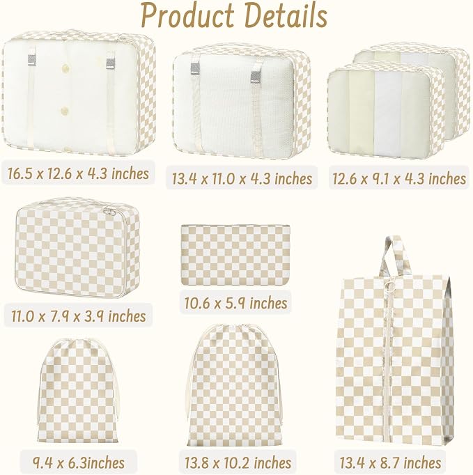 9 Set Packing Cubes for Travel Essentials - Lightweight Carry-On Luggage Organizer Bags with Shoe, Clothes & Laundry Bags for Airplane, Family & Business Travel, Beige checkered - Image 2