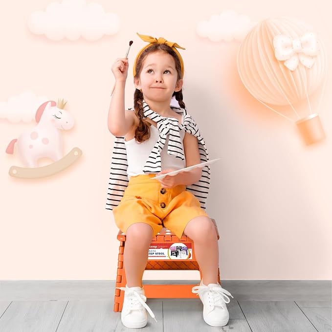 Folding Step Stool 9 Inch for Kids and Adults, 300 lbs, Orange | Lightweight Plastic Small Foldable Step Stool with Handle, Non-Slip, for Kitchen, Bathroom, Bedroom and Closet - Image 5