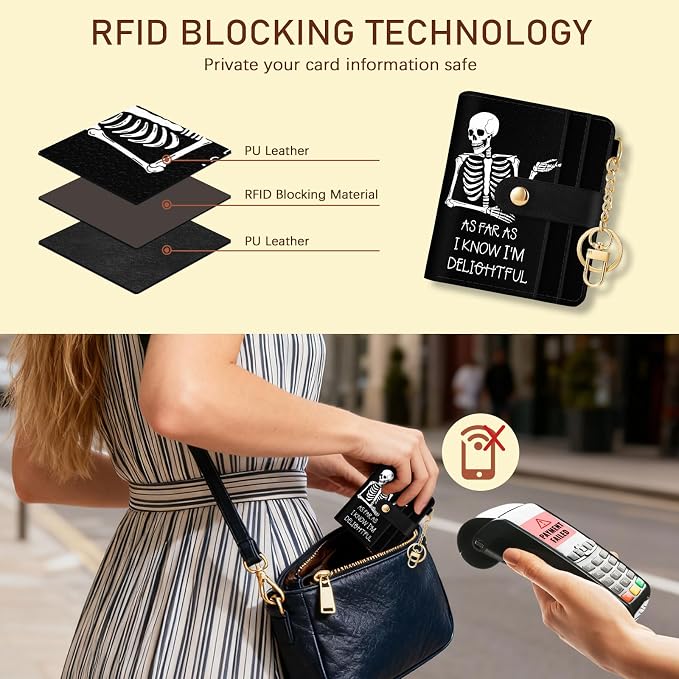 Jogjam Skull Skeleton Rfid Women Wallet, Small Slim Thin Credit Card Holder | PU Leather Bifold Cash Zipper Coin Pocket ID Window, for Female Ladies Teen Girls Girly Gifts - Image 3