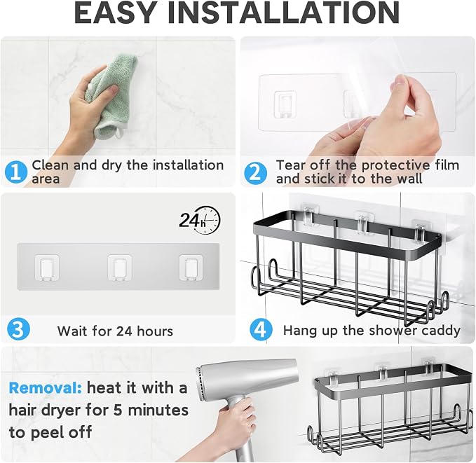 4 Pack Shower Caddy Adhesive Replacement, Waterproof Adhesive Strips for Shower Shelf, Strong Adhesive Flat Hooks for Bathroom Storage Shelves and Kitchen Racks No Drilling, Clear - Image 5