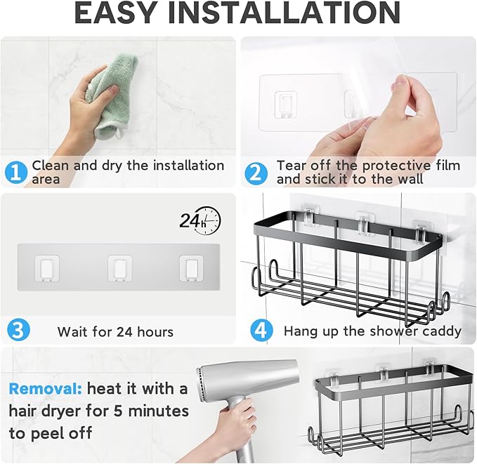 20 Pack Shower Caddy Adhesive Replacement, Waterproof Shower Shelf Adhesive Strips, Strong Flat Hooks for Bathroom Storage Shelves and Kitchen Racks No Drilling, Clear - Image 5